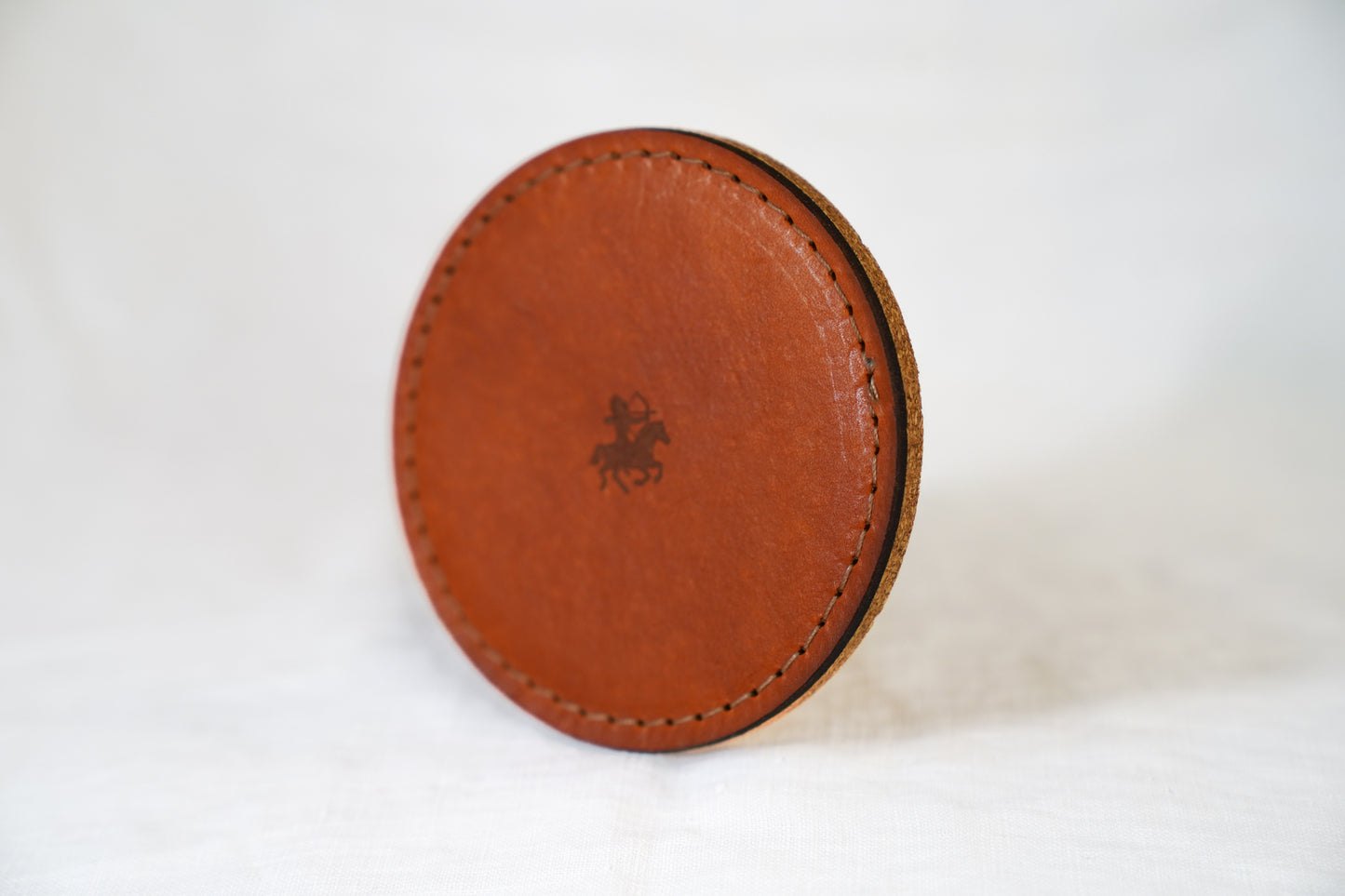 Waxed Leather Coaster - Huntsman Made Logo (4-Pack/Tan stitch)