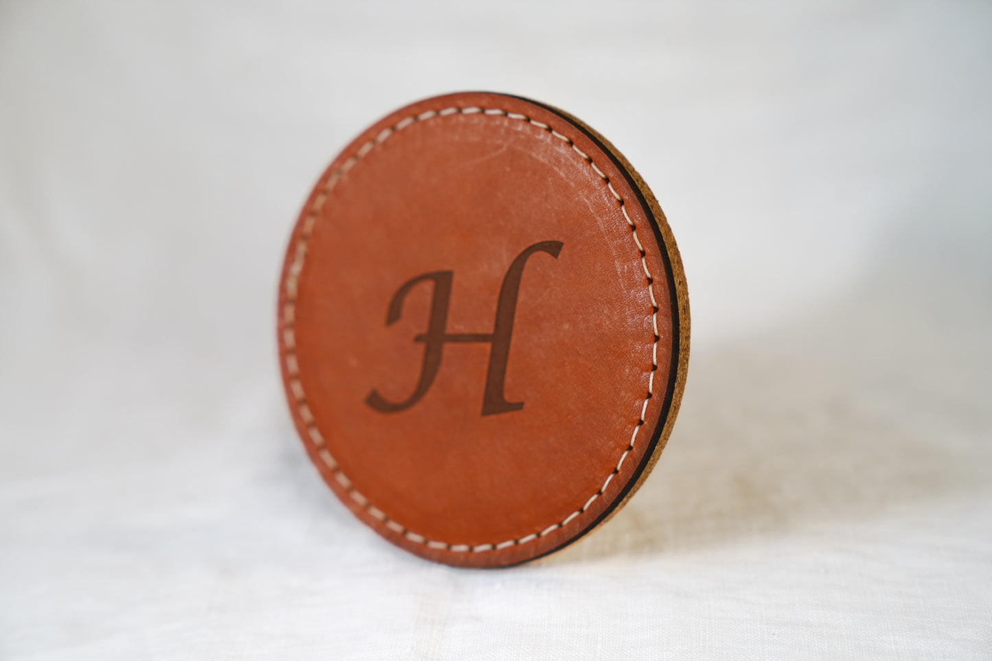 Waxed Leather Coaster - Letter (Single/White stitch)