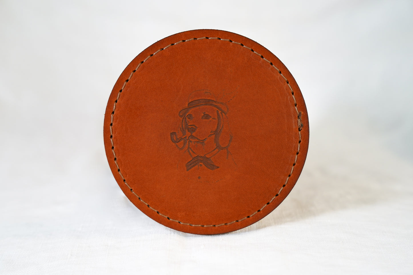Waxed Leather Coaster - Dog & Pipe (4-Pack/Tan stitch)