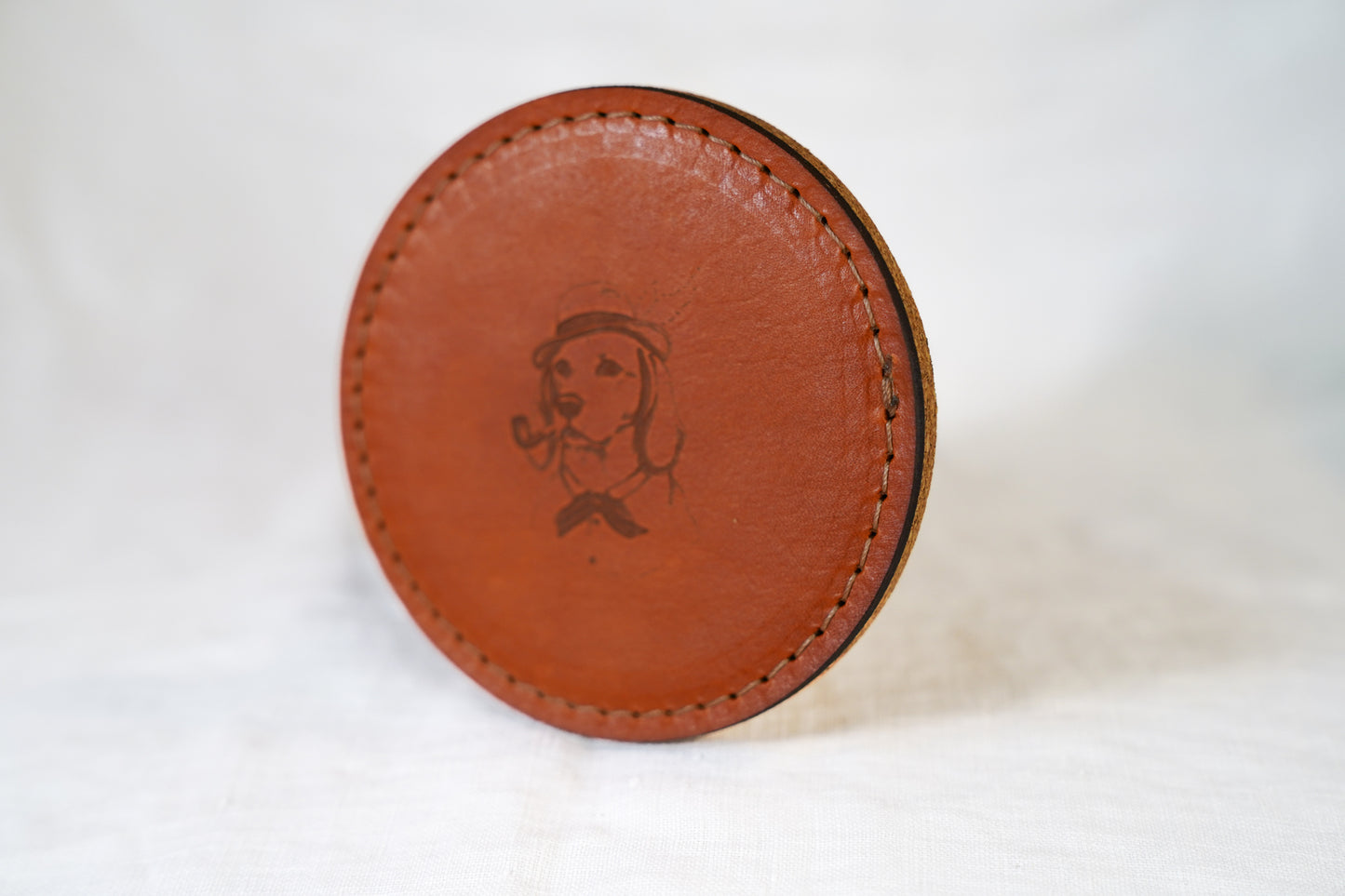 Waxed Leather Coaster - Dog & Pipe (Single/Tan stitch)