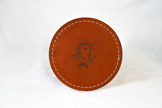 Waxed Leather Coaster - Dog & Pipe (4-Pack/White stitch)