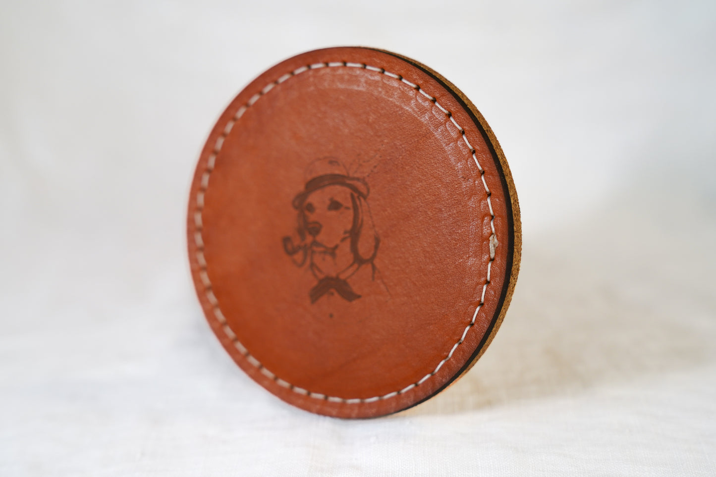 Waxed Leather Coaster - Dog & Pipe (4-Pack/White stitch)